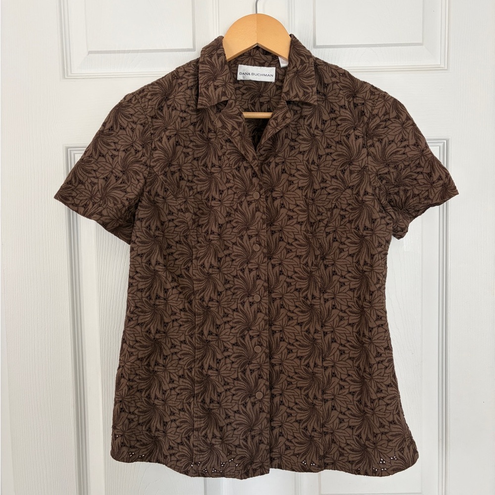 Dana Buchman Brown Crochet Collared Blouse